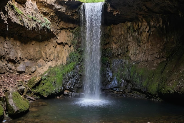 una cascata è al centro di una grotta con una cascată sullo sfondo