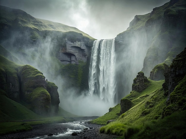 una cascata è al centro di una montagna verde