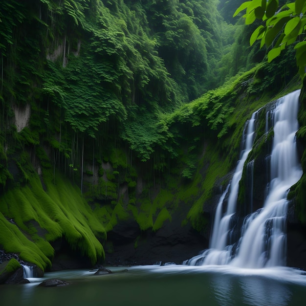 Una cascata è circondata da alberi e muschio verde lussureggiante.