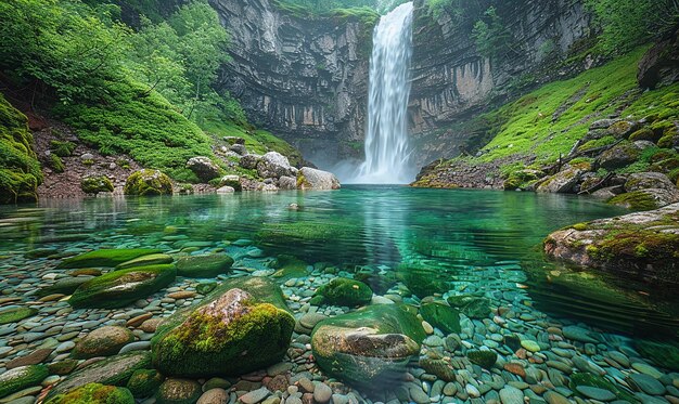 una cascata è circondata da rocce e alberi