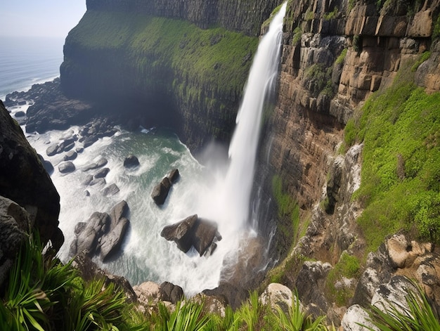 Una cascata è vista in lontananza da una scogliera.