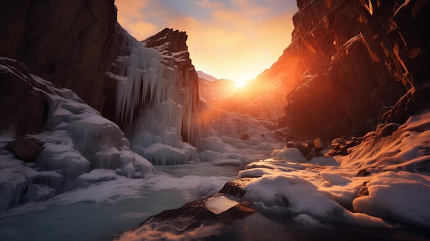 Una cascata ghiacciata con un tramonto e montagne innevate sullo sfondo