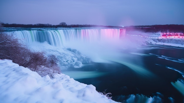 Una cascata ghiacciata con una luce rossa sullo sfondo AI immagine generativa