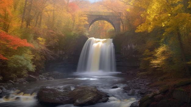 Una cascata in autunno con un ponte sullo sfondo.