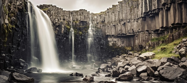 Una cascata in Islanda con un cielo nuvoloso sullo sfondo