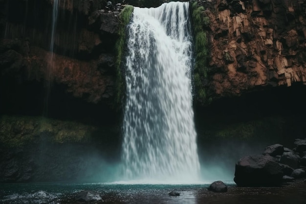 Una cascata in islanda con una parete rocciosa verde muschio.