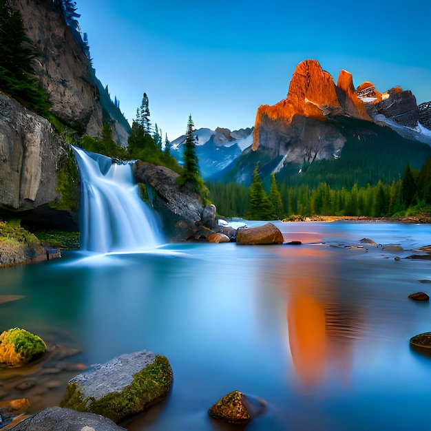 Una cascata in montagna con il sole che splende su di essa