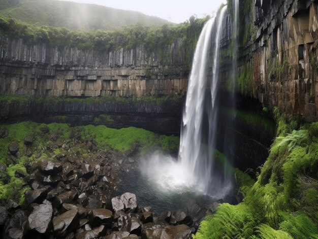 Una cascata in montagna con muschio sulle rocce