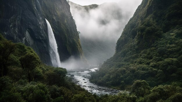 Una cascata in montagna con un cielo nuvoloso