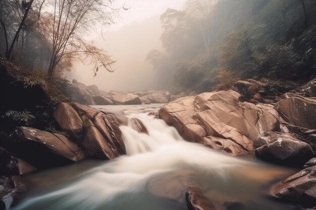 Una cascata in montagna con uno sfondo nebbioso