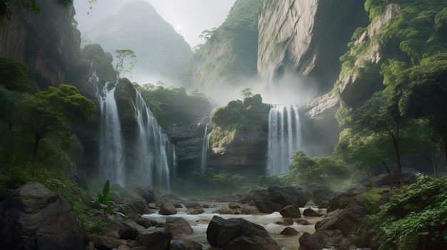 Una cascata in montagna con uno sfondo verde