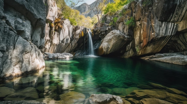 Una cascata in un canyon con alberi sullo sfondo