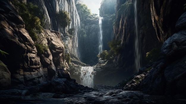 Una cascata in un canyon con una cascata sullo sfondo