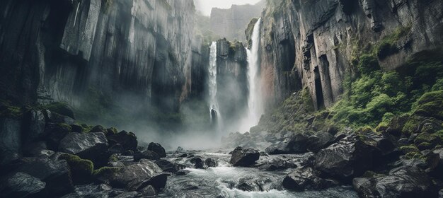 Una cascata in un paesaggio montano con una persona in piedi al centro.