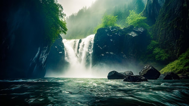 Una cascata in una foresta con alberi verdi sullo sfondo