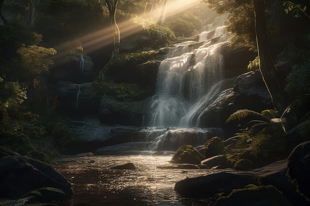 Una cascata in una foresta con il sole che splende attraverso gli alberi