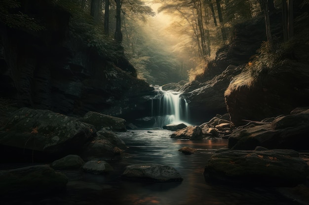 Una cascata in una foresta con il sole che splende su di essa.