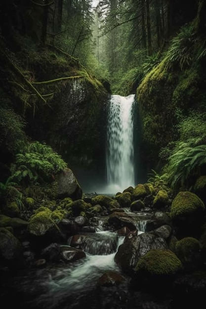 Una cascata in una foresta con muschio e alberi