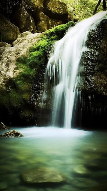 Una cascata in una foresta con muschio sulle rocce