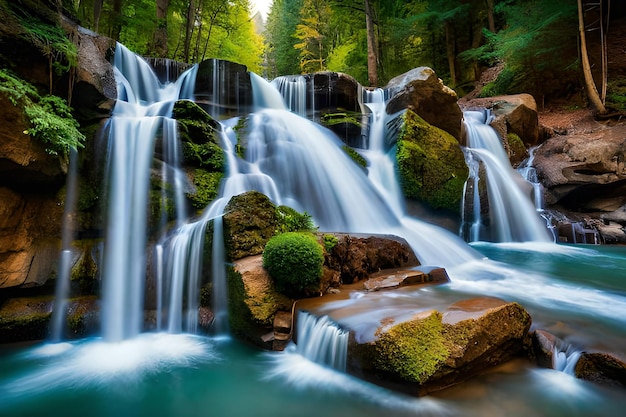 Una cascata in una foresta con muschio verde sulle rocce