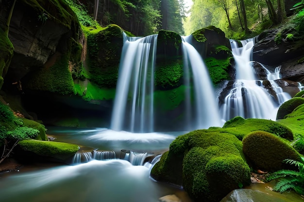 Una cascata in una foresta con rocce coperte di muschio e muschio.