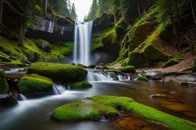 Una cascata in una foresta con rocce coperte di muschio e una roccia coperta di muschio verde.