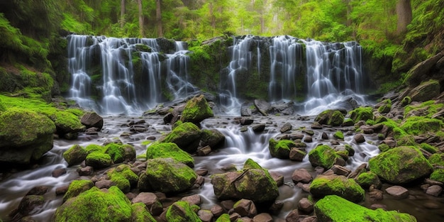 Una cascata in una foresta con rocce coperte di muschio