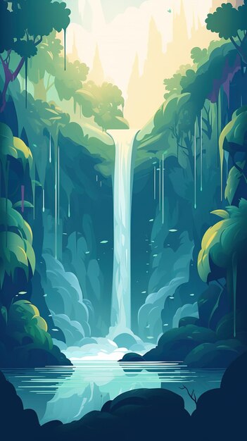 Una cascata in una foresta con un cielo blu e un sole sullo sfondo.