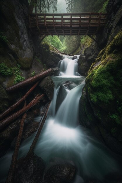 Una cascata in una foresta con un ponte sullo sfondo.