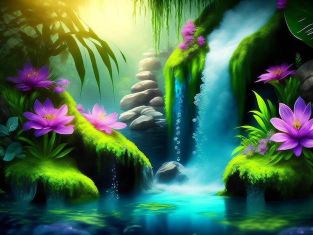 Una cascata in una foresta con una cascata verde e fiori.