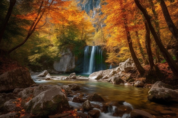 Una cascata in una foresta dai colori autunnali