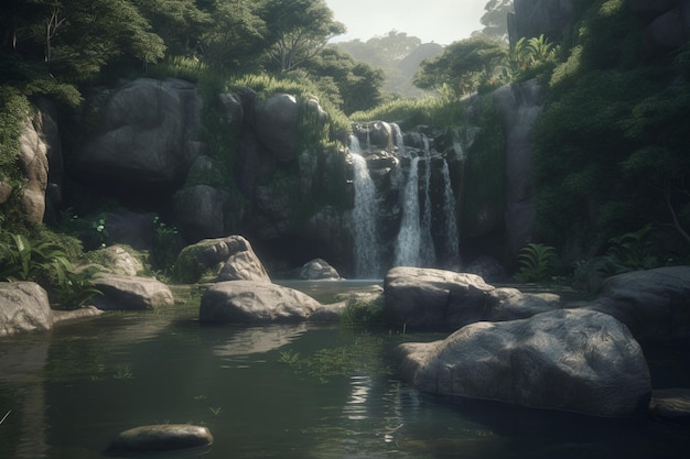 Una cascata in una foresta tropicale con uno sfondo verde.