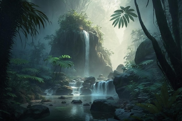 Una cascata in una giungla con uno sfondo di giungla.