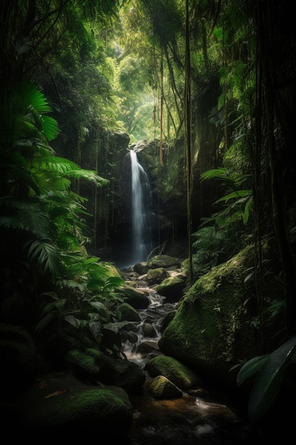 Una cascata in una giungla con uno sfondo di giungla