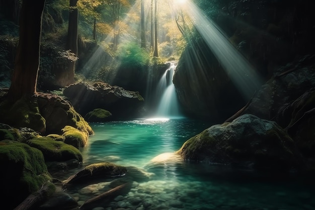 Una cascata in una grotta con il sole che splende attraverso gli alberi