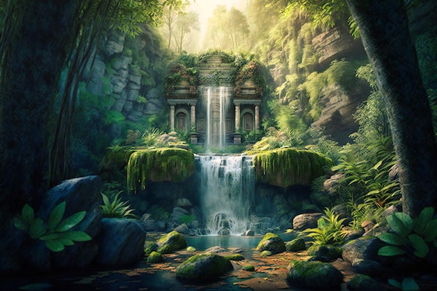 Una cascata nascosta in un paesaggio boschivo immerso nel verde