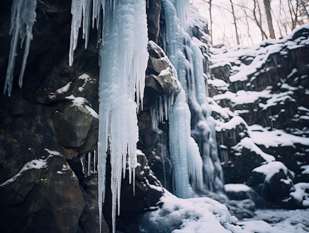 una cascata nel bosco è coperta di ghiaccio.