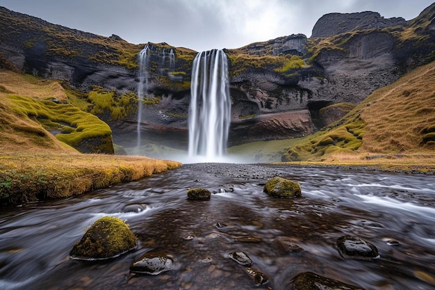 una cascata nel mezzo di una valle verde lussureggiante