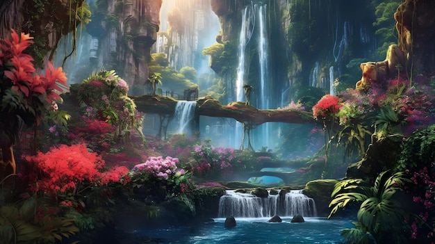 Una cascata nel mezzo di una verdeggiante foresta pluviale circondata da alberi torreggianti adornati con fiori esotici e vibranti Generative ai