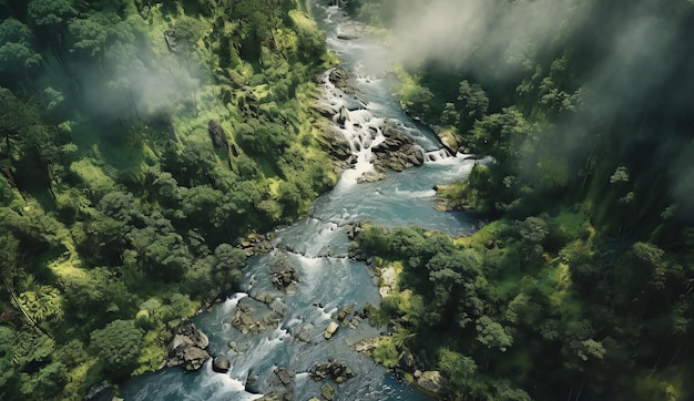 Una cascata nella foresta con alberi e piante