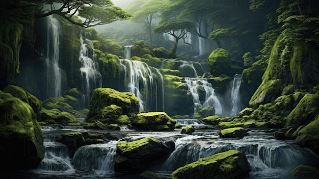 una cascata nella foresta con alberi e rocce coperte di muschio.