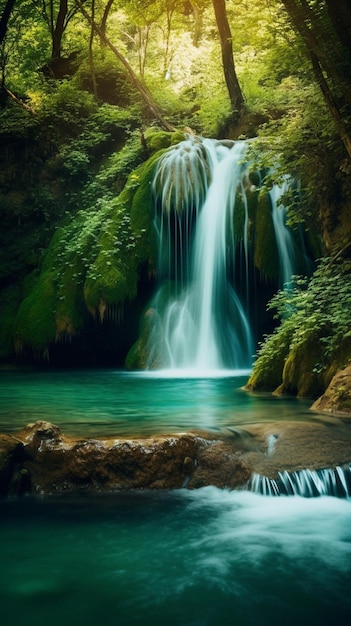 Una cascata nella foresta con alberi verdi e un cielo blu