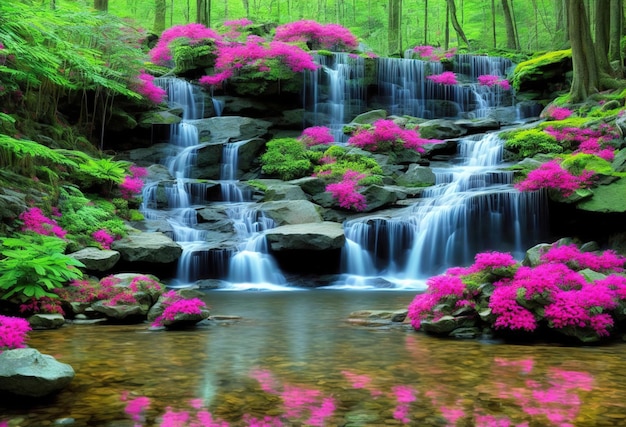 Una cascata nella foresta con fiori rosa