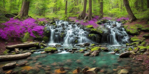 Una cascata nella foresta con fiori viola