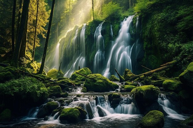 Una cascata nella foresta con il sole che splende attraverso gli alberi