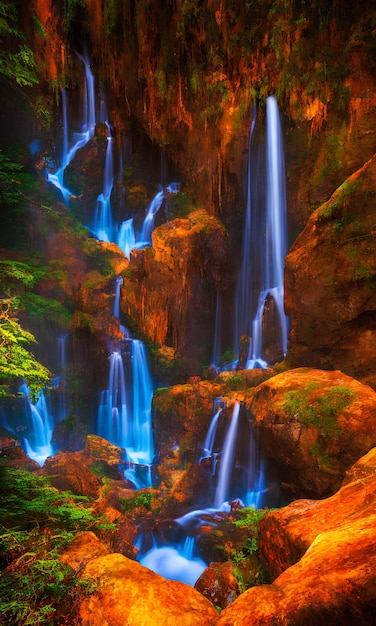 Una cascata nella foresta con luci blu