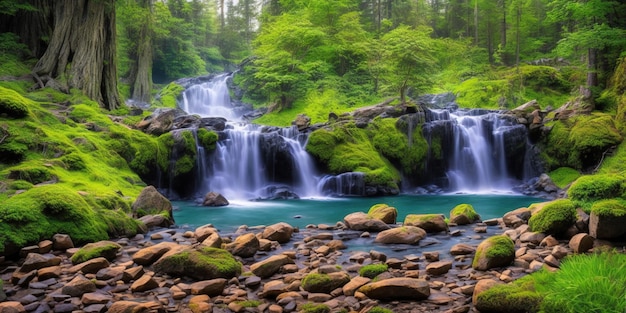 Una cascata nella foresta con muschio verde