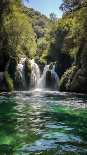 Una cascata nella foresta con sopra la parola cascate