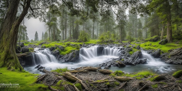 Una cascata nella foresta con un albero sullo sfondo