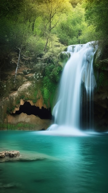 Una cascata nella foresta con un albero verde in primo piano